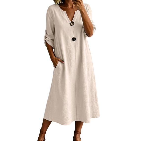 Efsteb Summer Dresses for Women Casual Solid Color Buttons V Neck Roll Up 3/4 Sleeve Dress with Pockets Comfy Loose Fit A-Line Dress (Beige,M)