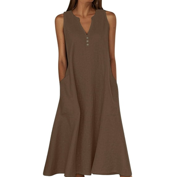 Efsteb Summer Dresses for Women Cotton Linen V Neck Dress Solid Color Casual Loose Tank Dress with Pocket Long Dresses (Brown,XL)