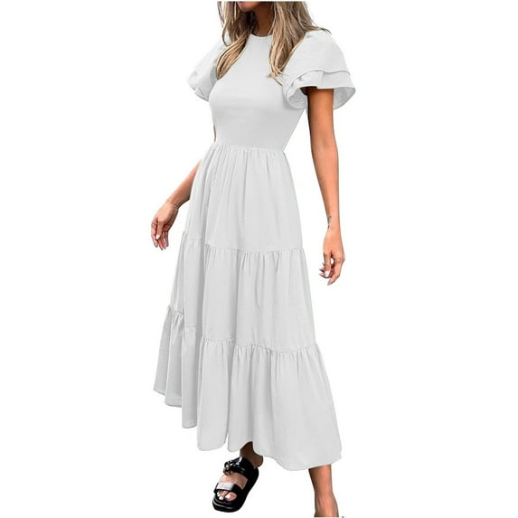 Efsteb Summer Dresses for Women Crew Neck Long Dress Short Sleeve Sundresses Classic Solid Color Casual Loose Comfy Fashion Spring Dresses (White,XL)