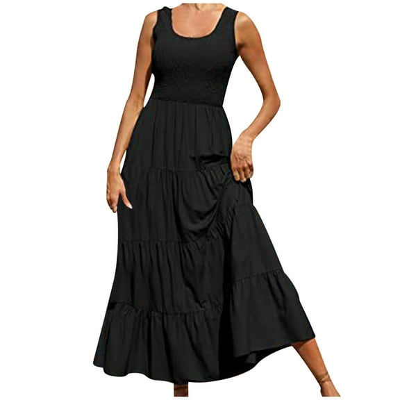 Efsteb Summer Dresses for Women Crew Neck Long Dress Sleeveless Sundresses Classic Solid Color Casual Loose Fashion Comfy Spring Dresses (Black,M)