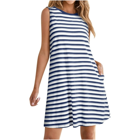 Efsteb Summer Dresses for Women Crew Neck Tank Dress with Pocket Summer Fashion Casual Sundresses Striped Print Sleeveless Comfy Dresses (Blue,XL)