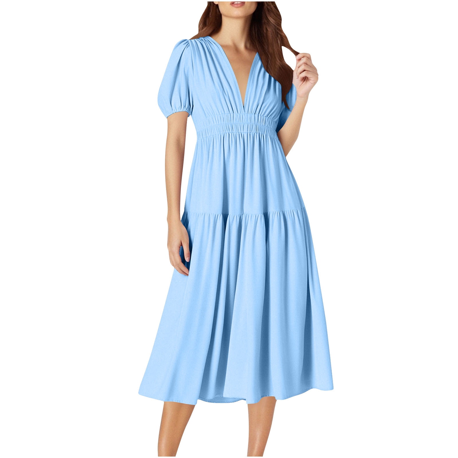 Summer Dresses for Women Deep V Neck Puff Short Sleeve Tiered Dress Elastic High Waist Flowy A Line Midi Dresses (Light Blue,L)