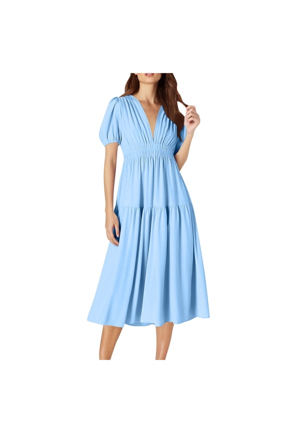 Summer Dresses for Women Deep V Neck Puff Short Sleeve Tiered Dress Elastic High Waist Flowy A Line Midi Dresses (Light Blue,L)