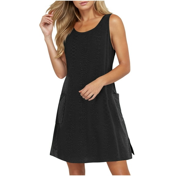 Efsteb Summer Dresses for Women Eyelet Casual Loose Sleeveless Sundresses with Pockets Plus Size Spring Beach Dress （Black，L）