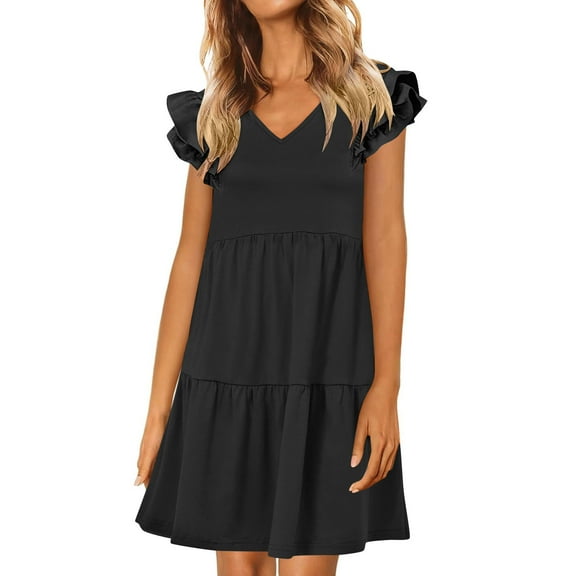 Efsteb Summer Dresses for Women V-Neck Ruffle Sleeve Dress Fashion Comfy Short Sleeve Summer Casual Sundresses Solid Color Dresses (Black,L)