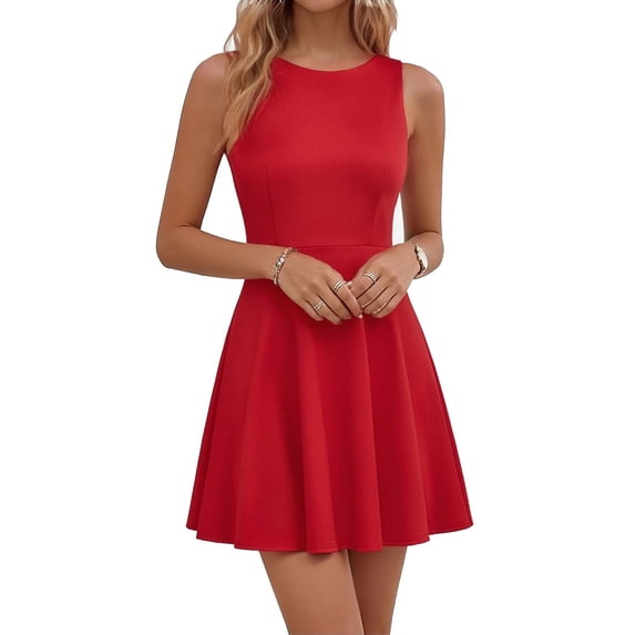 Efsteb Summer Formal Dresses For Women Sleeveless Fit-and-Flare Mini Dress Solid Color Round Neck Tank Dress Form-Fitting Dress for Party (Red,XL)
