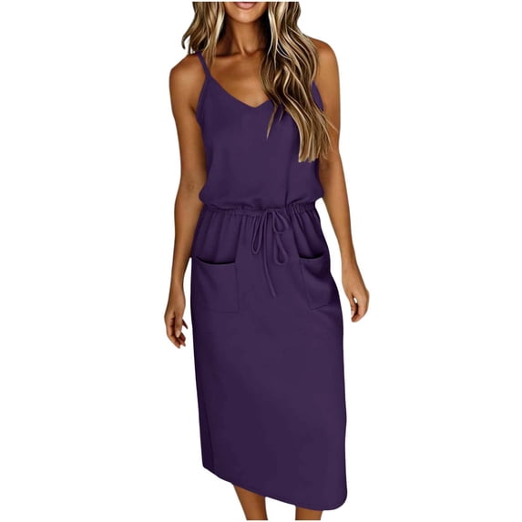 Efsteb Summer Office Dresses For Women Spaghetti Strap V-Neck Drawstring Waist Midi Dress Solid Color Casual Dress with Side Pockets (Purple,S)