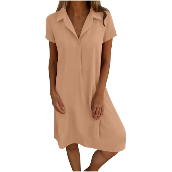 Efsteb Summer Shirt Dresses for Women Casual Solid Color Short Sleeve Collared V Neck Button Up Loose Fit T Shirts Dress (Orange,XXXL)