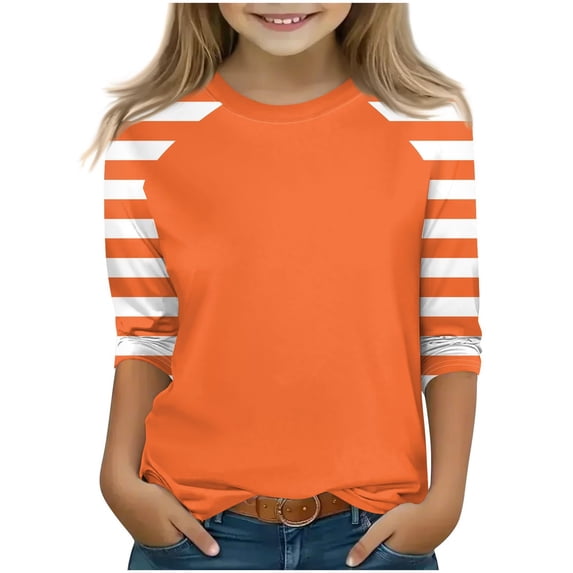 Efsteb Summer Shirts for Girls Casual Dressy Round Neck 3/4 Sleeve T Tshirt Fashion Patchwork Tops (Orange,4 Years)