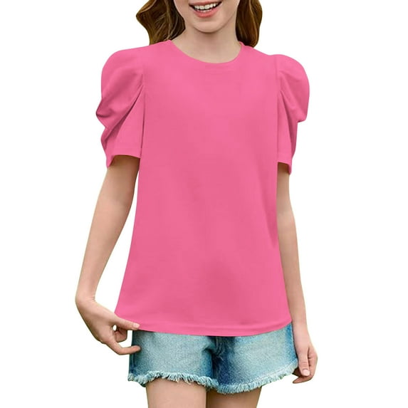 Efsteb Summer Shirts for Girls Fashion Puff Short Sleeve Tops Round Neck Casual Solid Color Tunic Tshirt (Hot Pink,11 Years)