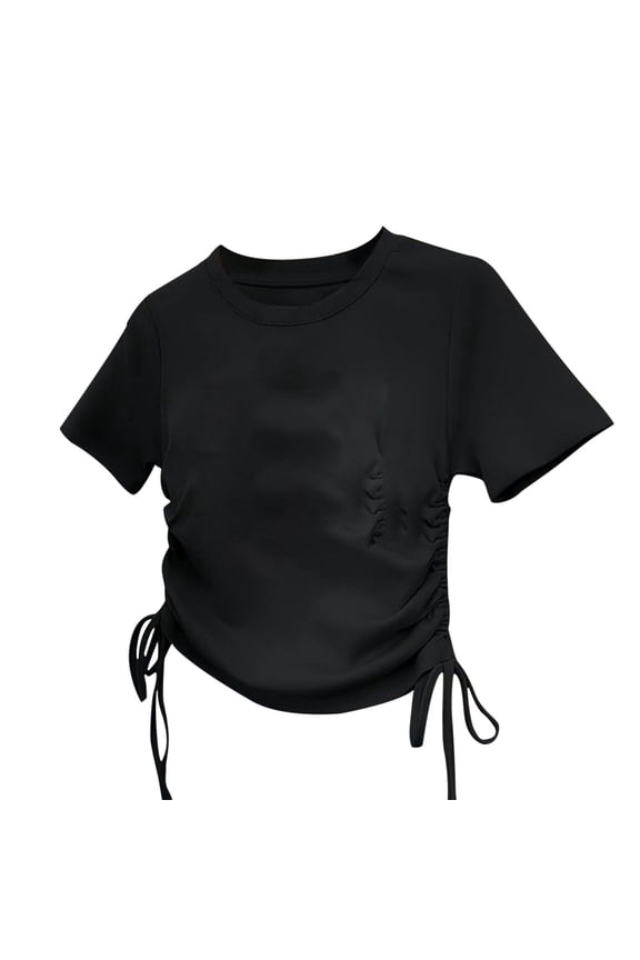 Summer Shirts for Girls Waist Drawstrings Short Sleeve Shirt Fashion Round Neck Solid Color Casual Tops (Black,12 Years)