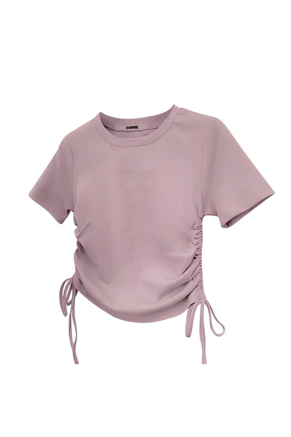 Summer Shirts for Girls Waist Drawstrings Short Sleeve Shirt Fashion Round Neck Solid Color Casual Tops (Pink,12 Years)