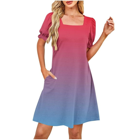 Efsteb Summer Short Dresses for Women 2025 Casual Cute Square Neck Puff Short Sleeve Dress with Pockets (Hot Pink,S)