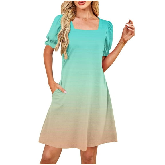 Efsteb Summer Short Dresses for Women 2025 Casual Cute Square Neck Puff Short Sleeve Dress with Pockets (Light Blue,M)