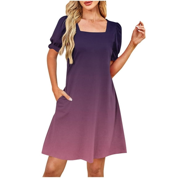 Efsteb Summer Short Dresses for Women 2025 Casual Cute Square Neck Puff Short Sleeve Dress with Pockets (Pink,M)