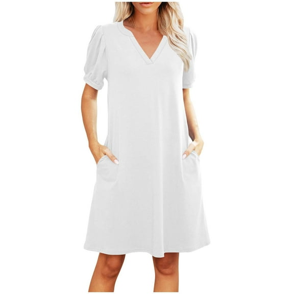 Efsteb Summer Short Dresses for Women 2025 V Neck Puff Short Sleeve Sundress Casual Solid Color Beach Dress with Pockets (White,L)