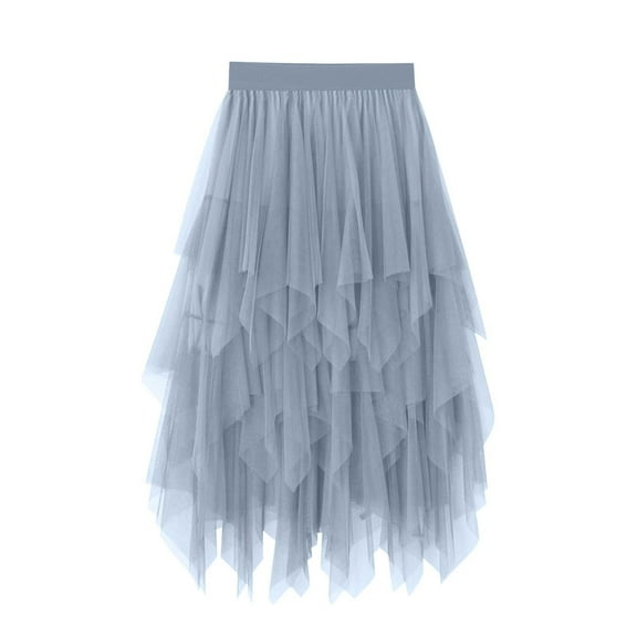 Efsteb Summer Skirts for Women 2025 Temperament High Waist Irregular Mesh Puffy Skirt Spring Fall Fashion Solid Color Comfy Casual Skirts (Gray,Free Size)