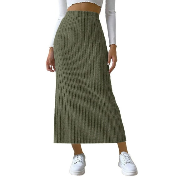 Efsteb Summer Skirts for Women 2025 Slim Side Slit Elastic Long Skirt Spring Fall Solid Color Casual Fashion Comfy Skirts (Army Green,M)
