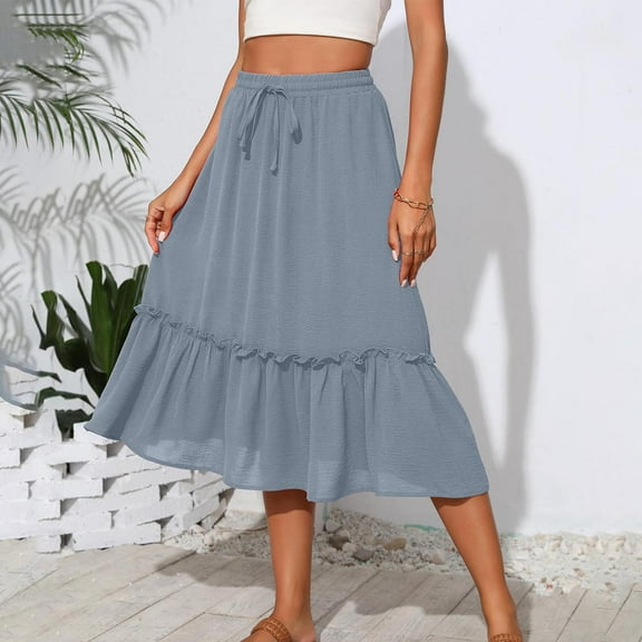 Efsteb Summer Skirts for Women Elastic Waist Drawstring Pleated Skirt Fashion Comfy Casual Solid Color Skirts (Light Blue,M)