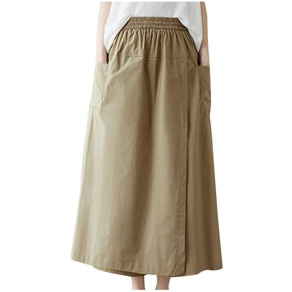 Efsteb Summer Skirts for Women Elastic Waist Long Skirt Spring Fall Solid Color Comfy Casual Fashion Skirts (Khaki,L)