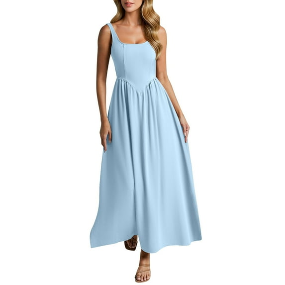 Efsteb Summer Sleeveless Dresses for Women Elegant Casual Spaghetti Strap Swing A Line Long Flowy Dress for Vacation (Light Blue,XL)