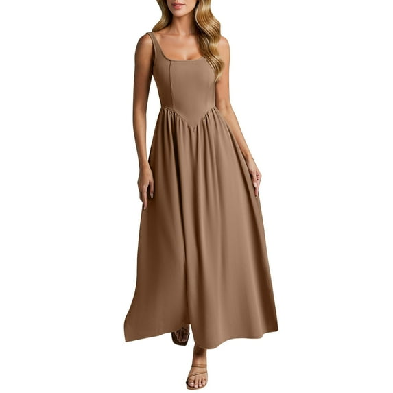 Efsteb Sundresses for Women Beach Waist Ruched Elegant Dress Resort Dress Loose Fit Casual Sleeveless Spring Square Neck Solid Color ,Size:L