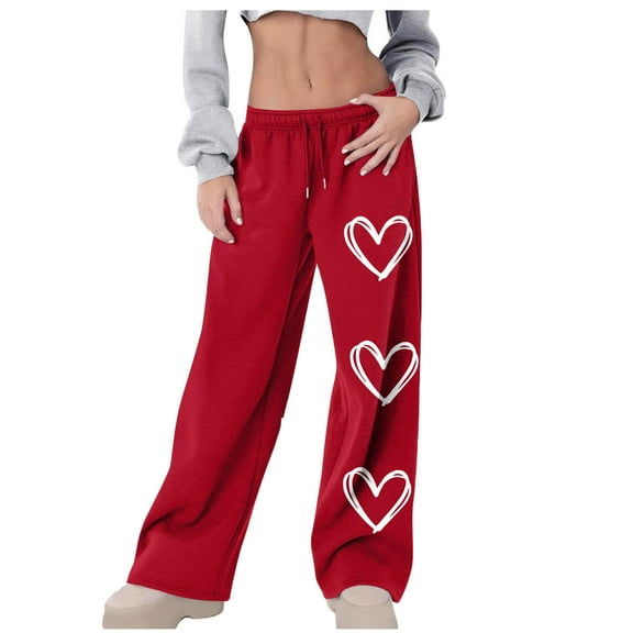 Efsteb Sweatpant for Women's Casual Drawstring Mid Waist Loose Fit Pant Fashion Heart Print Straight Leg Outdoor Sport Pants (Red,M)