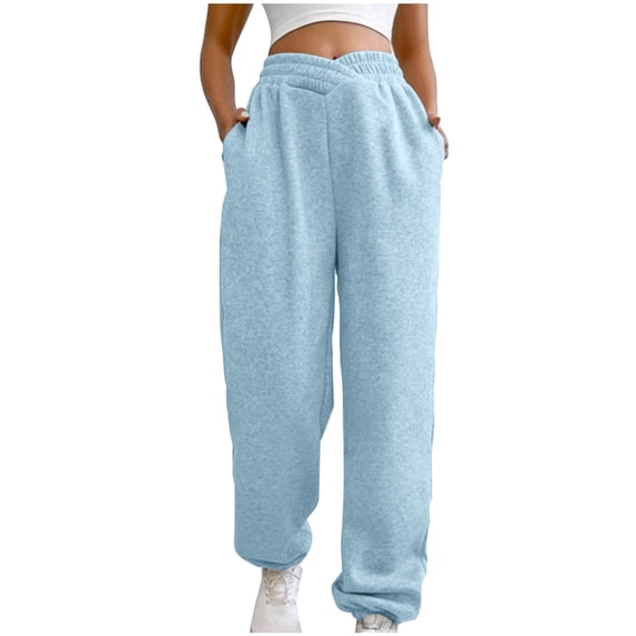 Efsteb Sweatpants for Women Elastic Waist Pocket Sweatpants Trousers Casual Trousers Pants for Women Comfortable Fashion Solid Color Loose Sports Pants Trousers Light Blue XL