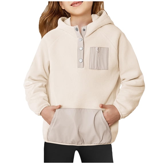 Efsteb Sweatshirts for Teen Girls Casual Comfy Cute Tops Solid Color Loose Fashion Long Sleeve Tops Button Hooded Sweatshirt with Pocket Pullover (Beige,9 Years)