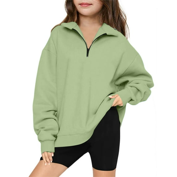 Efsteb Sweatshirts for Teen Girls Half Zip lAPEL Fleece Sweatshirts Comfy Loose Long Sleeve Tops Casual Cute Tops Solid Color Fashion Pullover (Mint Green,9 Years)
