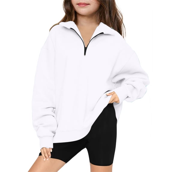 Efsteb Sweatshirts for Teen Girls Half Zip lAPEL Fleece Sweatshirts Comfy Loose Long Sleeve Tops Casual Cute Tops Solid Color Fashion Pullover (White,13 Years)