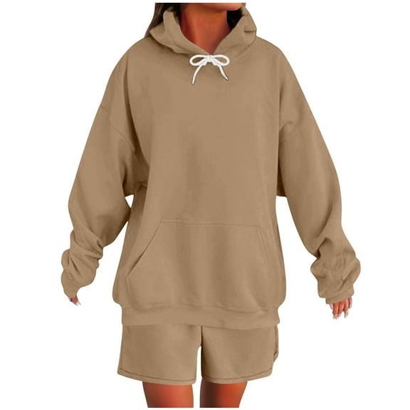 Efsteb Sweatsuits Set for Women 2 Piece Outfits Long Sleeve Pullover Sweatshirt & Shorts Travel Set Fall Fashion Tracksuit (Khaki,S)