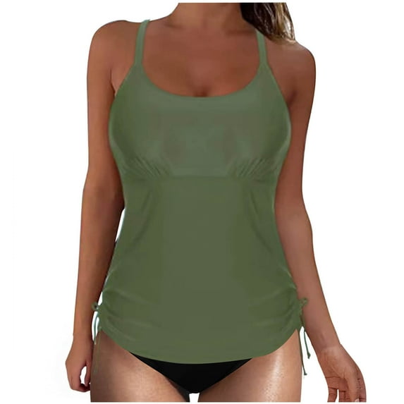 Efsteb Swimsuits for Women 2025 Two Piece Bikini Tank Tops for Women Two Piece Swimsuits Solid Color Push-Up Padded Swimwear Bathing Suit Blouse Sets (Army Green,XL)