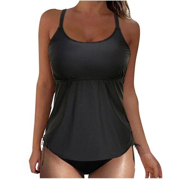 Efsteb Swimsuits for Women 2025 Two Piece Bikini Tank Tops for Women Two Piece Swimsuits Solid Color Push-Up Padded Swimwear Bathing Suit Blouse Sets (Black,XL)
