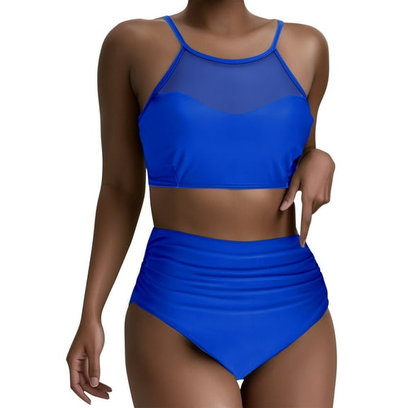 Efsteb Swimsuits for Women 2025 Two Piece Women High Waisted Bikini Sets Mesh High Neck Swimsuit Ruched Shorts Two Piece Swimsuits Bathing Suits (Blue,L)