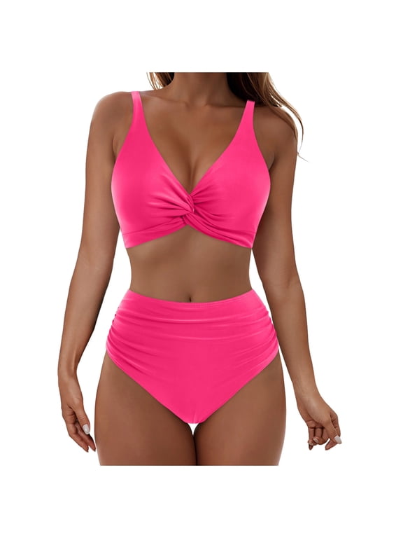 Swimsuits for Women 2025 Two Piece Women High Waisted Bikini Sets Ruched Two Piece Swimsuit Twist Front Cut Out Adjustable Straps Bathing Suit (Hot Pink,M)