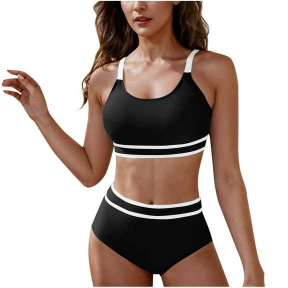 Efsteb Swimsuits for Women 2025 Two Piece Women's High Waisted Bikini Sets Sporty Two Piece Swimsuits Color Block Cheeky High Cut Bathing Suits (Black,L)