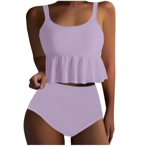 Efsteb Swimsuits for Women 2025 Two Piece Two Piece Bathing Suits Women Ruffle Tank Bikinis Top High Waisted Bikini Set Swimsuit Swimwear (Purple,M)