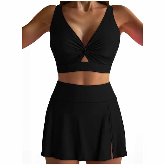 Efsteb Swimsuits for Women 2025 Two Piece Women's High Waisted Bikini Sets Sporty Two Piece Bathing Suits Solid Color Swim Skirt Swim Suits (Black,S)