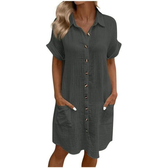 Efsteb T Shirt Dresses for Women Solid Color Short Sleeve Button Down Dress with Pockets Casual Work Midi Length Dresses (Dark Gray,M)