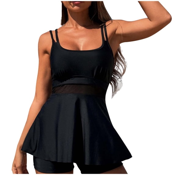 Efsteb Tankini Bathing Suits for Women Two Piece Conservative Two Piece Bathing Suits High Waist Bikini Solid Color Summer Tankini Top with Bottom Beach Swimsuit (Black,L)