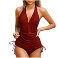 thumbnail image 1 of Efsteb Tankini Swimsuits for Women V Neck Halter Backless Pleated Two Piece Bathing Suit Solid Color 2 Piece Split Swimsuit Swimwear (Wine,S), 1 of 5