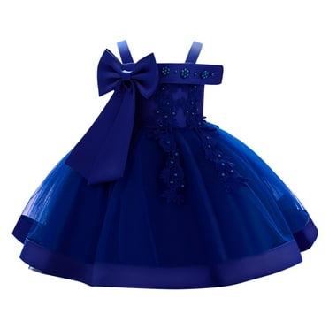 Efsteb Toddler Baby Girl Dress Formal Bowknot Princess Flower Girl Wedding Pageant Birthday Party Dresses (Dark Blue,12 Months)