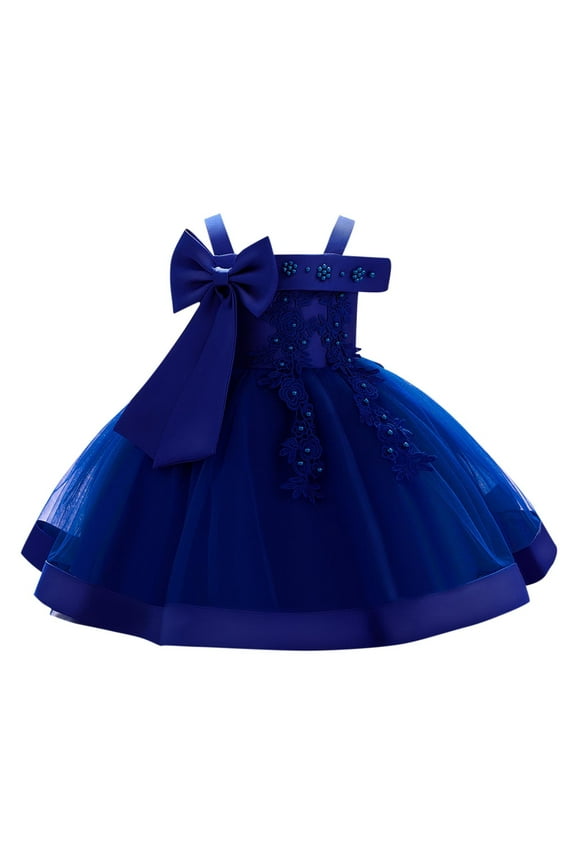 Toddler Baby Girl Dress Formal Bowknot Princess Flower Girl Wedding Pageant Birthday Party Dresses (Dark Blue,12 Months)