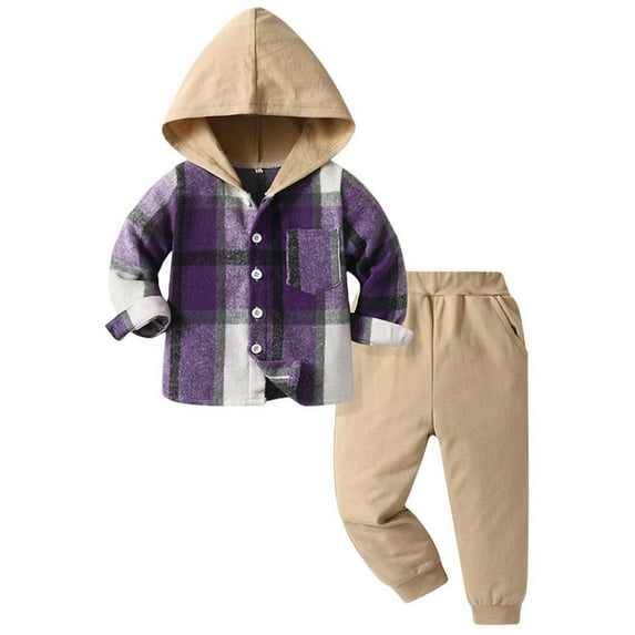 Efsteb Toddler Clothes Sets for Boys Long Sleeve Button Plaid Hoodies Jogger Pants Outfit Set Fall Winter Sweatsuit (Purple,1 Years)