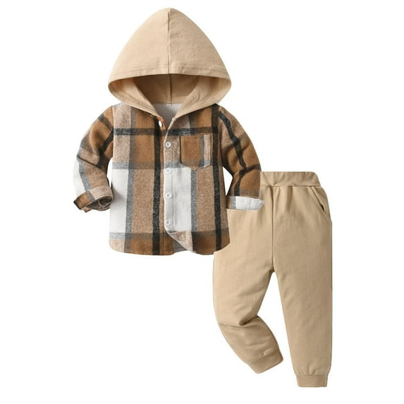 Efsteb Toddler Clothes Sets for Boys Long Sleeve Button Plaid Hoodies Jogger Pants Outfit Set Fall Winter Sweatsuit (Yellow,5 Years)