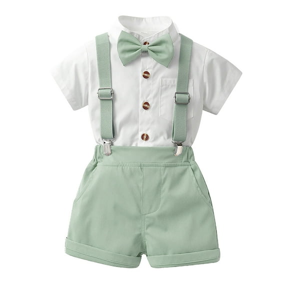 Efsteb Toddler Formal Outfit Kids Gentleman Short Sleeve Shirt Bowtie Suspender Shorts Wedding Suit Boys Outfits (Green,12 Months)