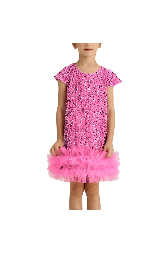 Toddler Girls Sequin Dress Sparkly Gown Party Dresses Short Sleeve Ruffle Patchwork Dress (Watermelon Red,8-9 Years)