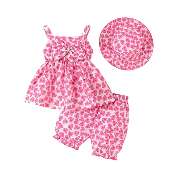 Efsteb Toddler Girls Summer Outfit Cute Heart Print Sleeveless Cami Tops Shorts with Sun Hat Clothes Sets (Pink,1 Years)