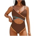 thumbnail image 1 of Efsteb Swimsuits for Women 2025 Bathing Suit for Women Color Block Cut Out V Neck Swimsuit Slim Stretchy Slim Fit Spaghetti Strap Swimwear (Brown,L), 1 of 5